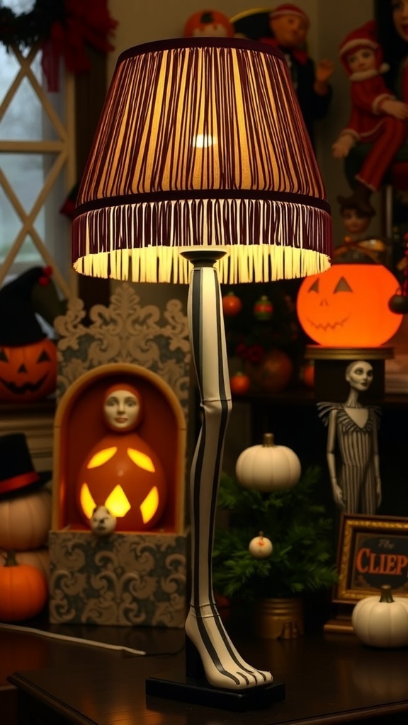 A quirky leg lamp inspired by Sally from The Nightmare Before Christmas, with a fringed shade, glowing warmly in a decorated room.